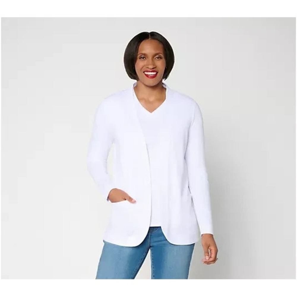 Denim & Co. Essentials So Soft Jersey Open Front Cardigan white, Medium